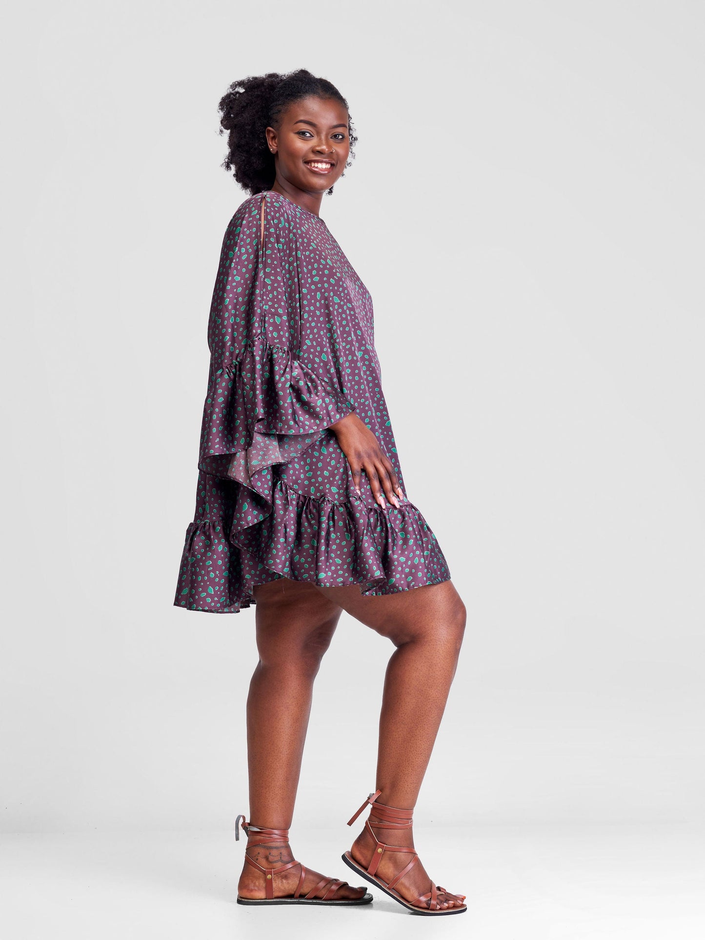 Vivo Malindi Tunic Dress With Frills - Purple / Green Print