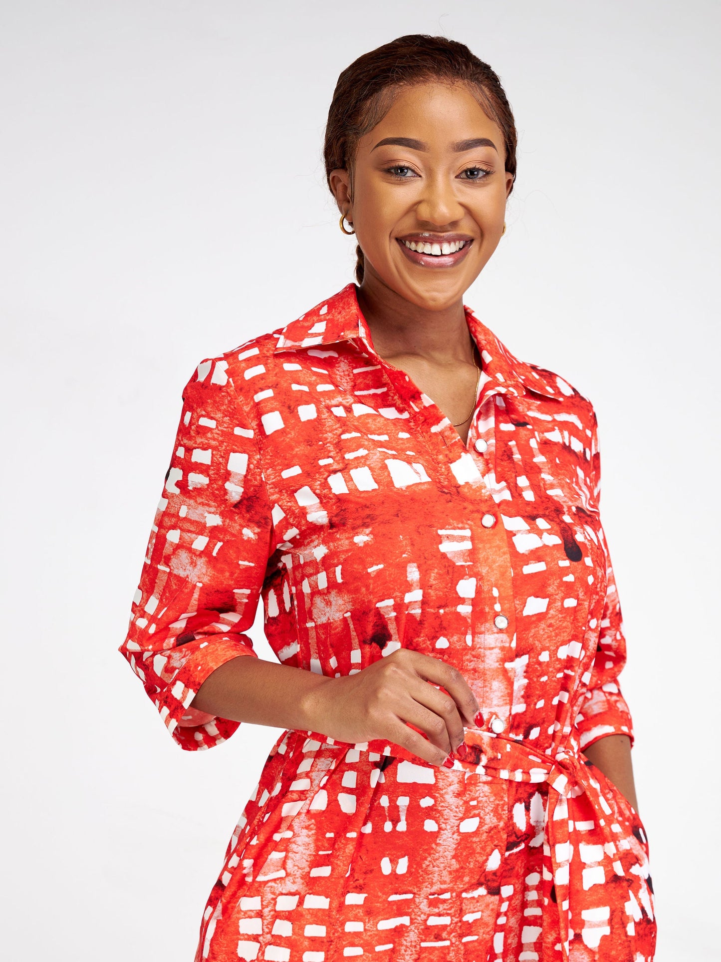 Vivo Ziwa 3/4 Sleeve Collar Jumpsuit - Red / Off White Zuri Abstract Print