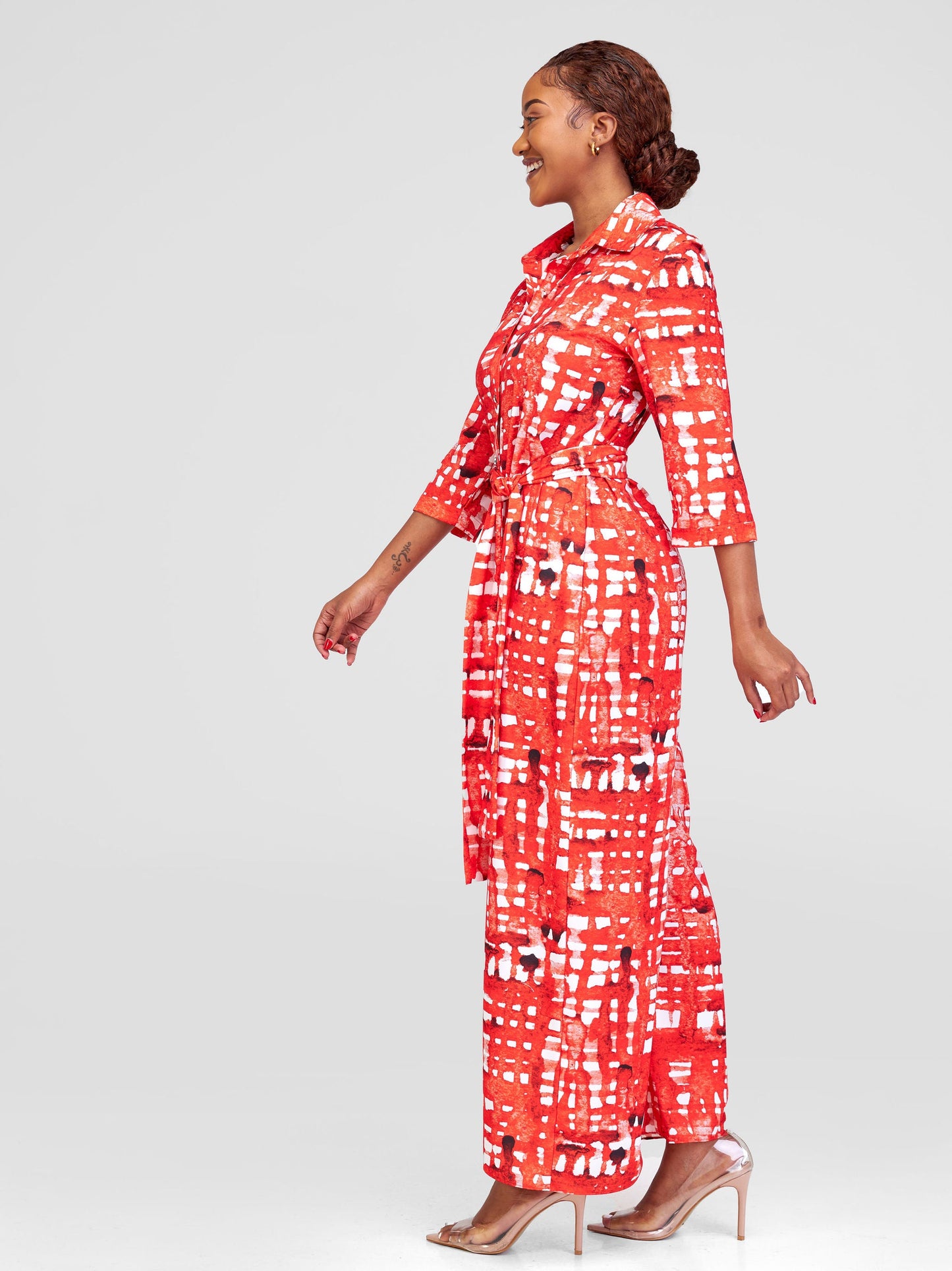 Vivo Ziwa 3/4 Sleeve Collar Jumpsuit - Red / Off White Zuri Abstract Print