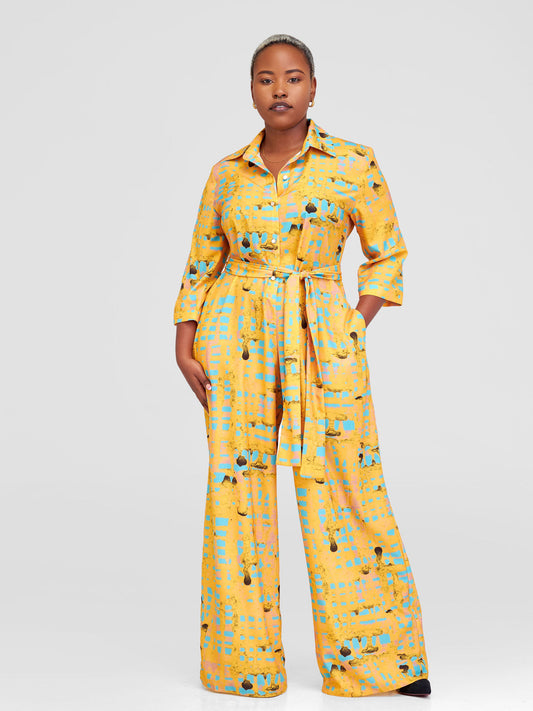 Vivo Ziwa 3/4 Sleeve Collar Jumpsuit - Mustard / Teal Zuri Abstract Print