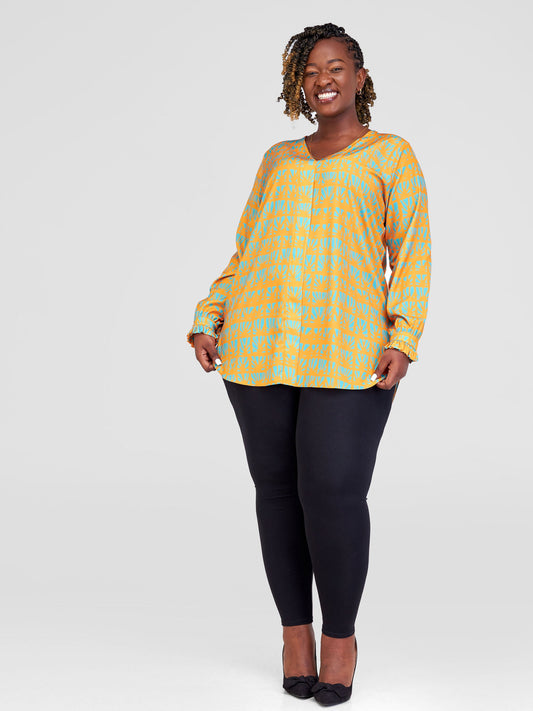 Vivo Ziwa V-Neck Long Sleeve Cuff Tunic - Mustard / Teal Mtende Abstract Print
