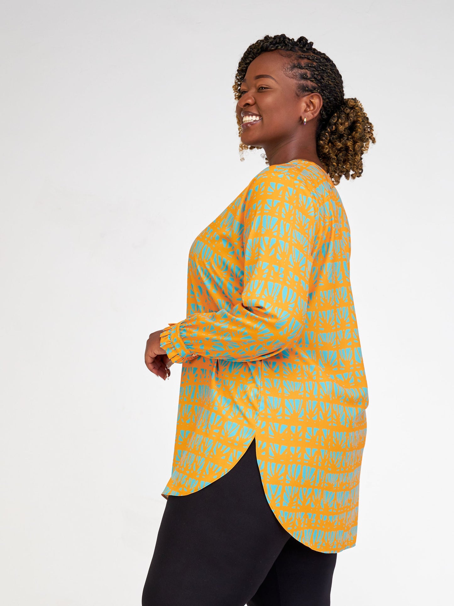 Vivo Ziwa V-Neck Long Sleeve Cuff Tunic - Mustard / Teal Mtende Abstract Print