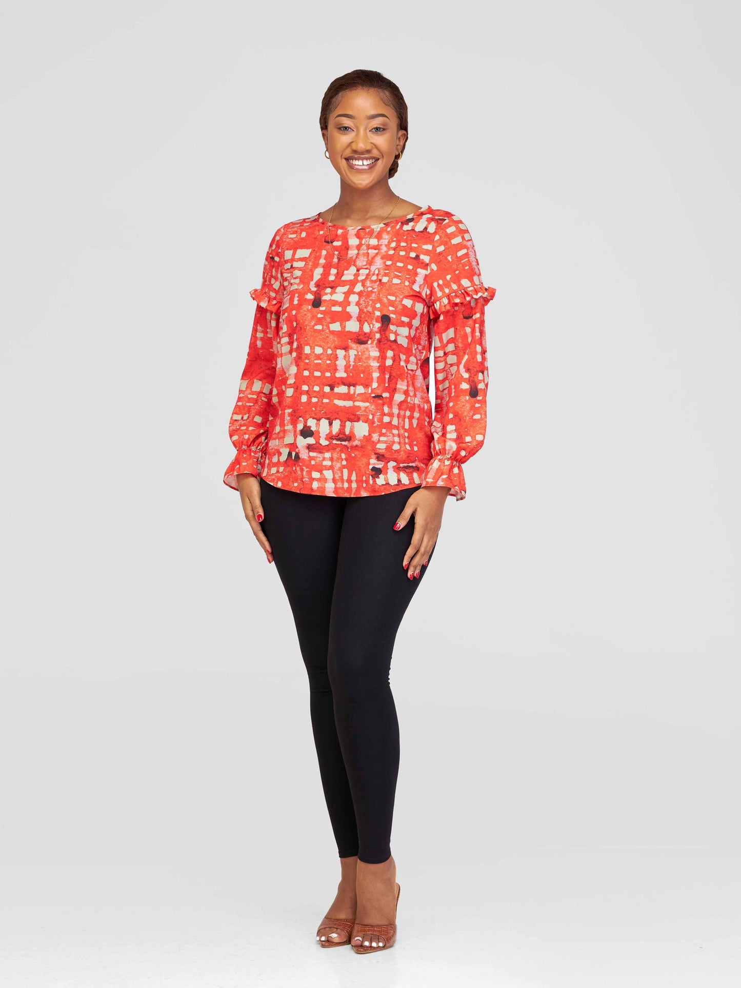 Vivo Ziwa Long Sleeve Ruffled Top - Red / Taupe Zuri Abstract Print