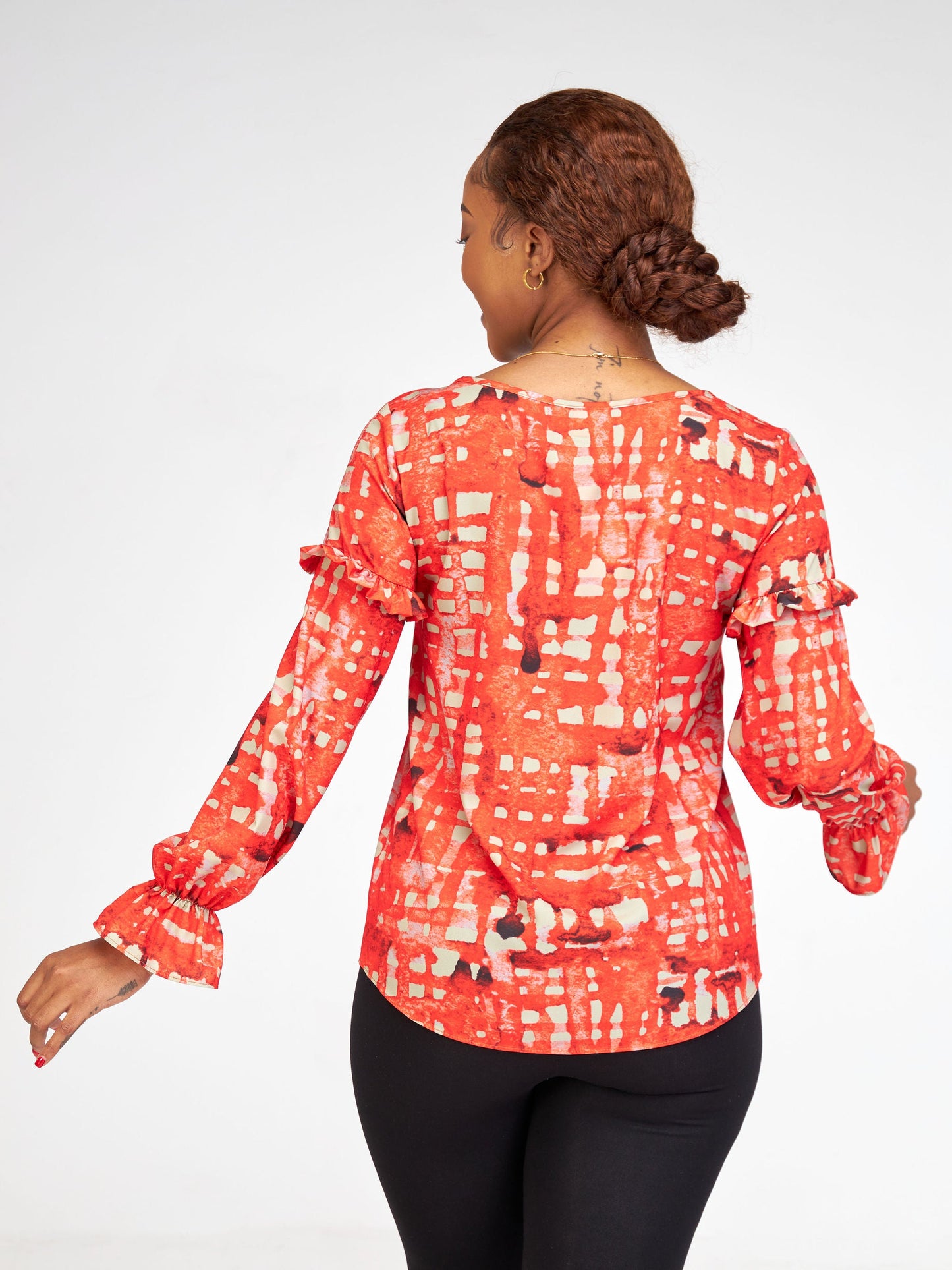 Vivo Ziwa Long Sleeve Ruffled Top - Red / Taupe Zuri Abstract Print