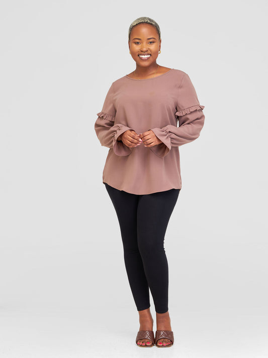 Vivo Ziwa Long Sleeve Ruffled Top - Dark Taupe