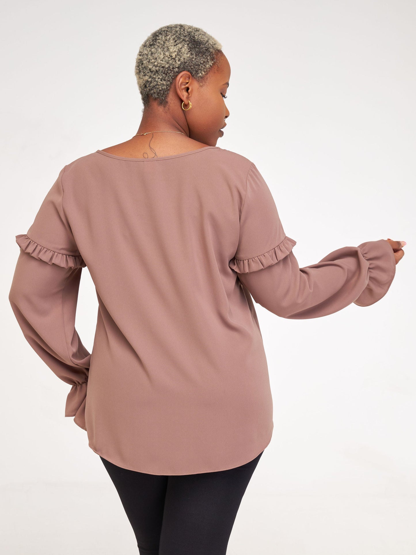 Vivo Ziwa Long Sleeve Ruffled Top - Dark Taupe