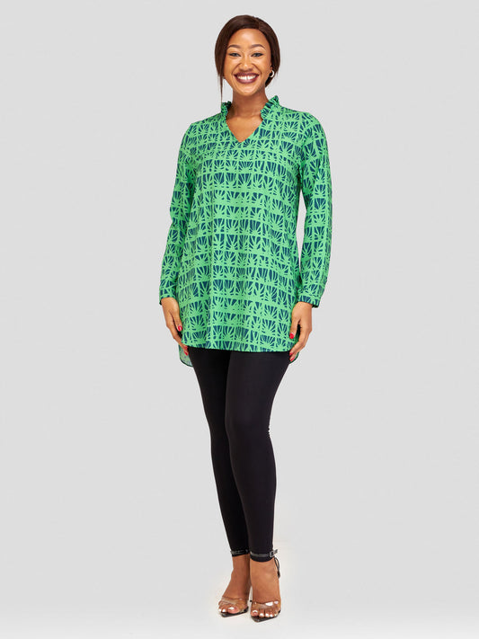 Vivo Ziwa Long Sleeve Ruffled Collar Tunic - Green / Navy Blue Mtende Abstract Print