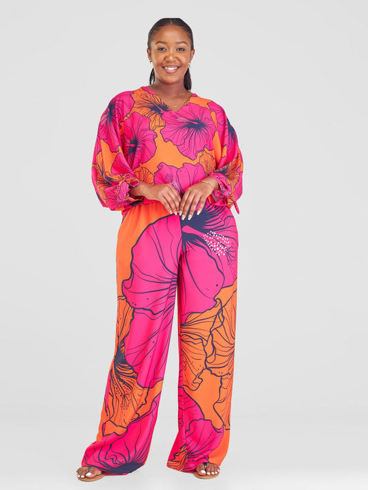 Vivo Sanali Batwing Tie Top - Orange / Pink  Flohibi Print
