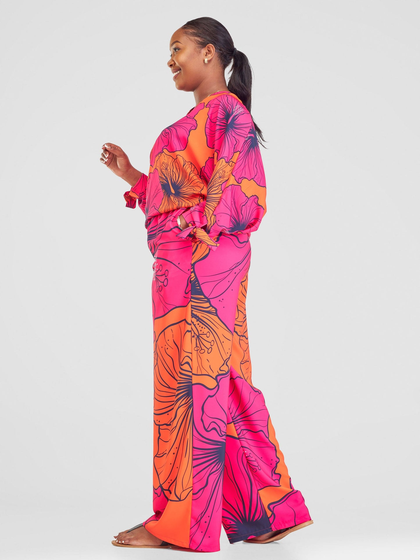 Vivo Sanali Batwing Tie Top - Orange / Pink  Flohibi Print