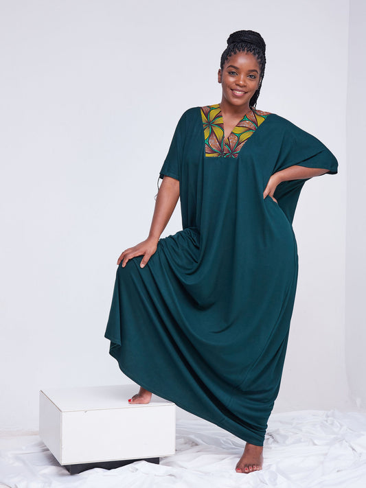 Vivo Arusha High Neck Kaftan  Maxi Dress - Dark Green