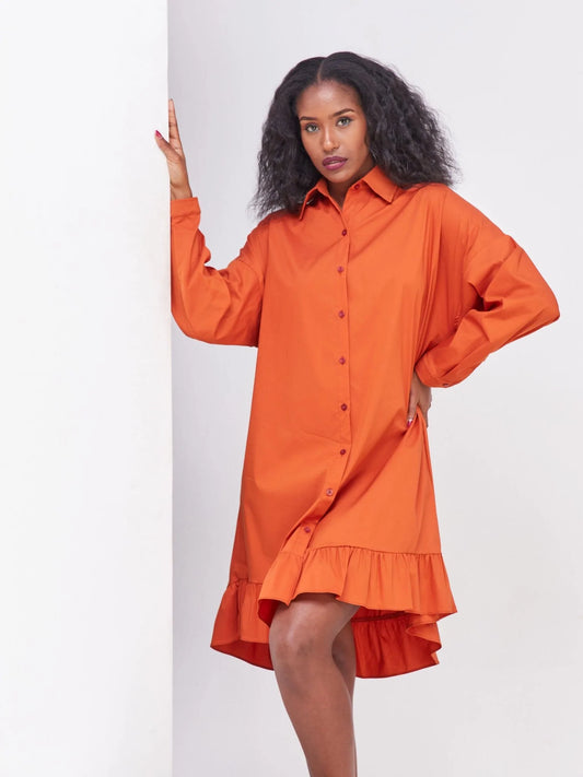 Safari Kaya Long Sleeve Dolman Flounce Shirt Dress - Rust - Shop Zetu Kenya