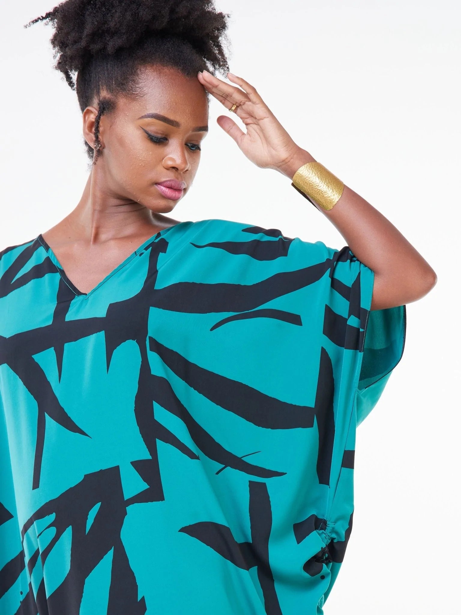 Vivo Adisa V-Neck Side Drawstring Maxi Kaftan - Teal / Black Leaf Print - Shop Zetu Kenya