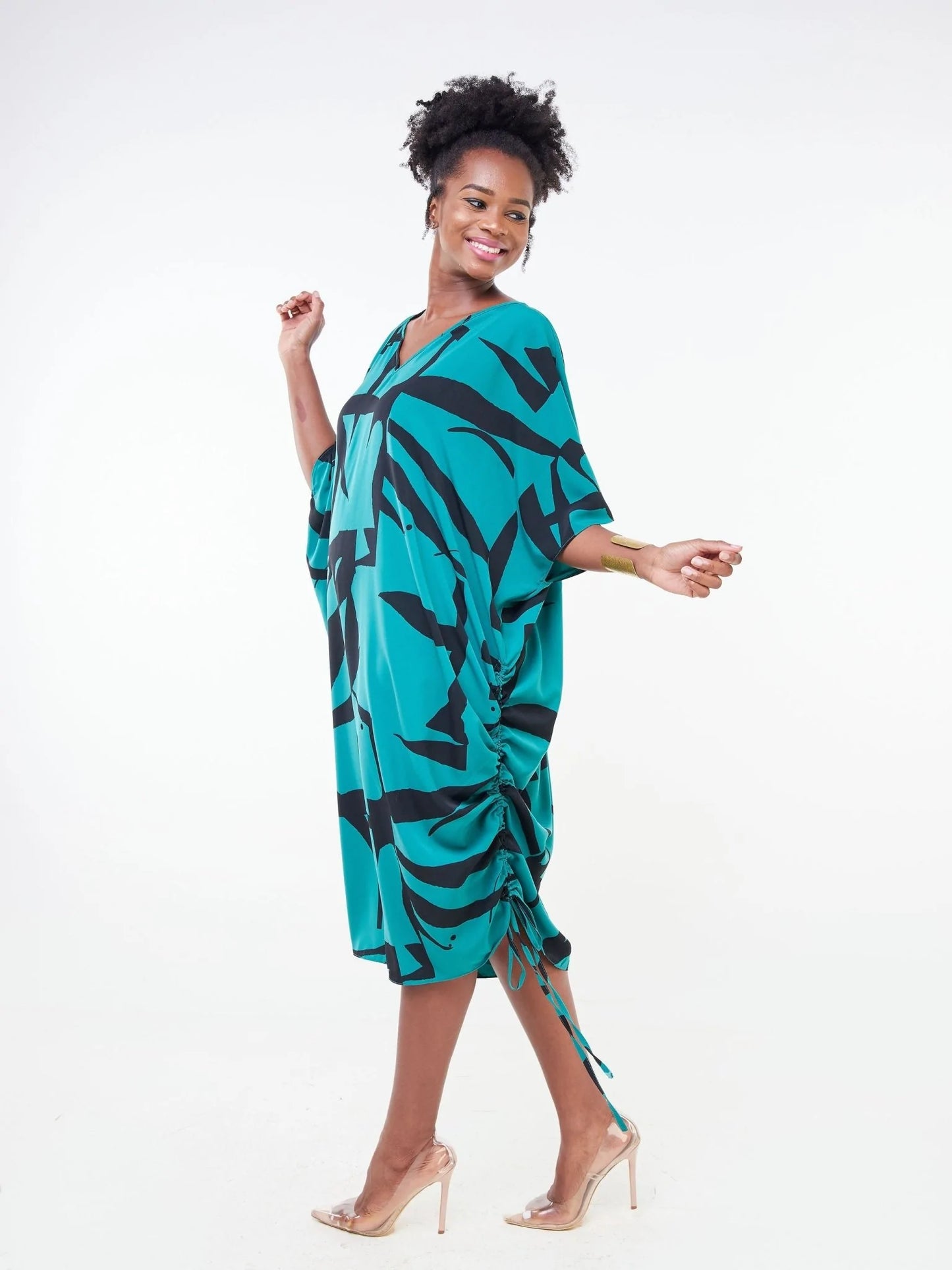 Vivo Adisa V-Neck Side Drawstring Maxi Kaftan - Teal / Black Leaf Print - Shop Zetu Kenya
