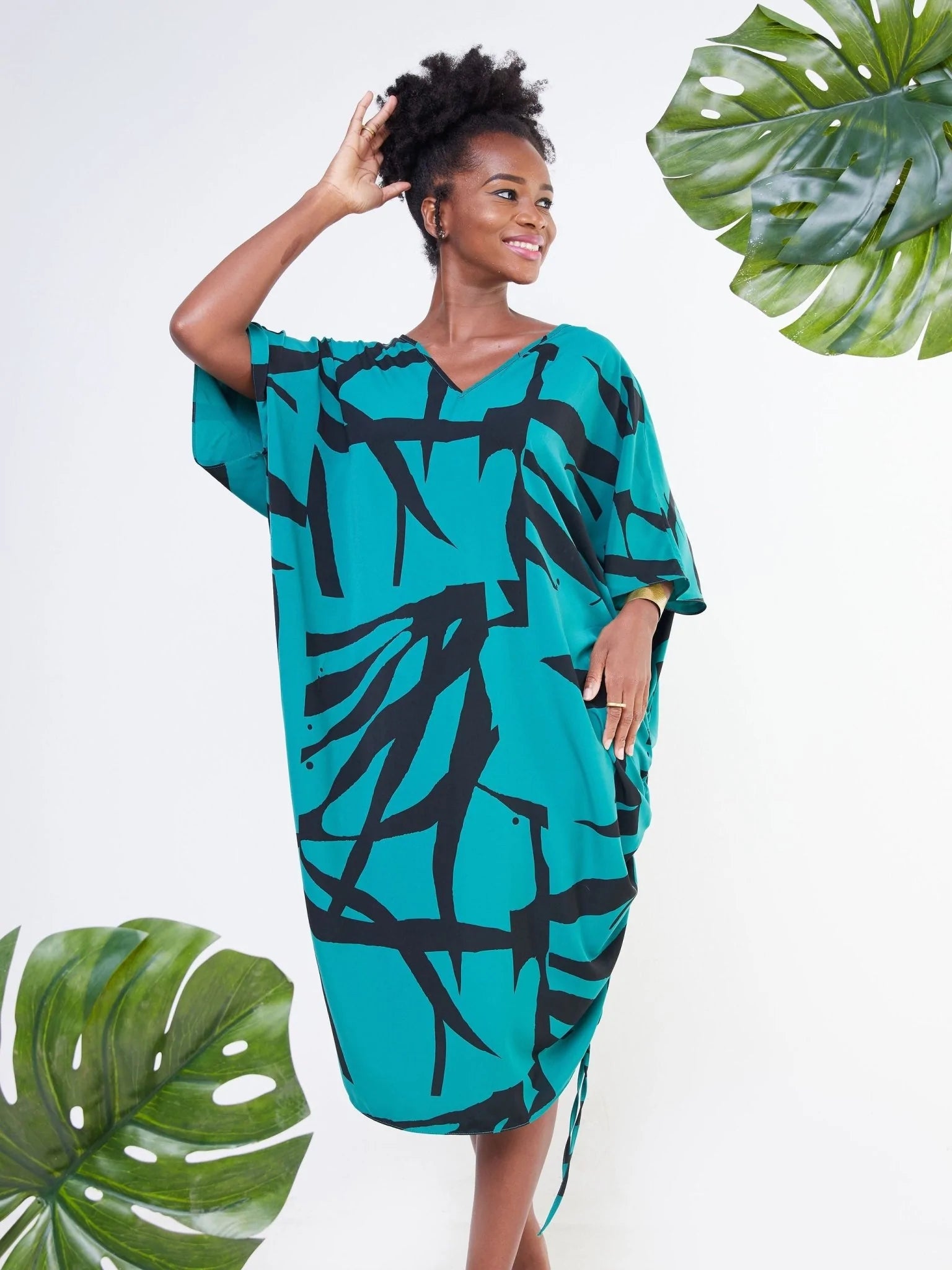 Vivo Adisa V-Neck Side Drawstring Maxi Kaftan - Teal / Black Leaf Print - Shop Zetu Kenya