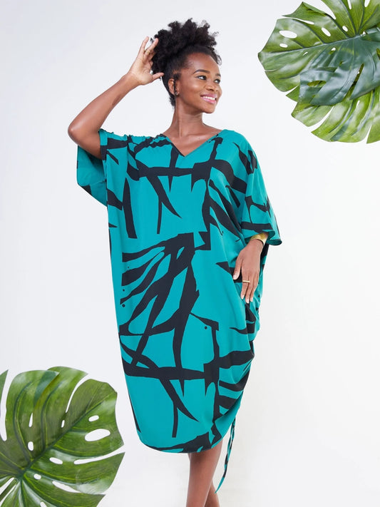 Vivo Adisa V-Neck Side Drawstring Maxi Kaftan - Teal / Black Leaf Print - Shop Zetu Kenya