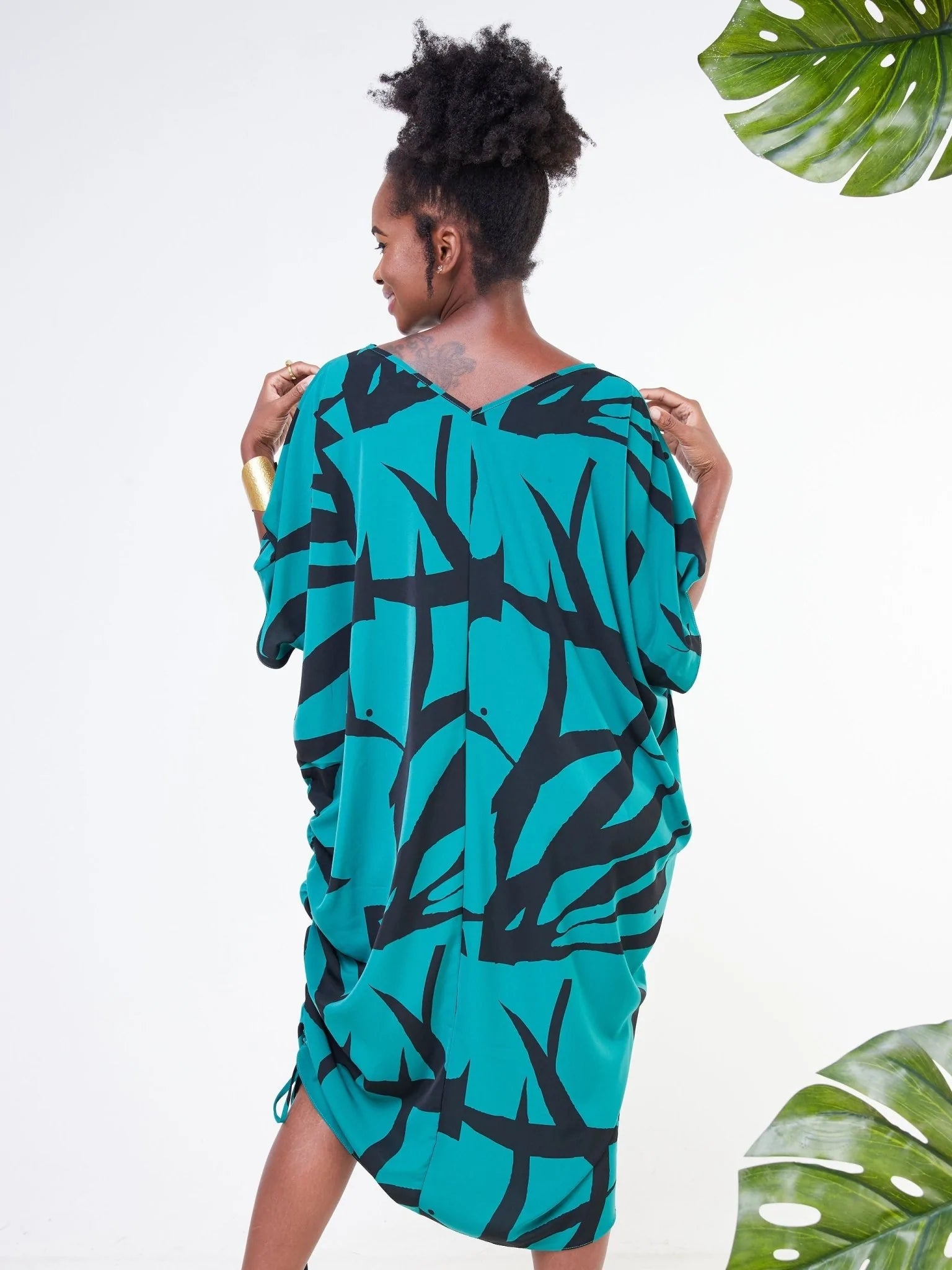 Vivo Adisa V-Neck Side Drawstring Maxi Kaftan - Teal / Black Leaf Print - Shop Zetu Kenya
