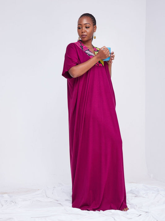 Vivo Arusha High Neck Kaftan Maxi Dress - Burgundy - Shop Zetu Kenya