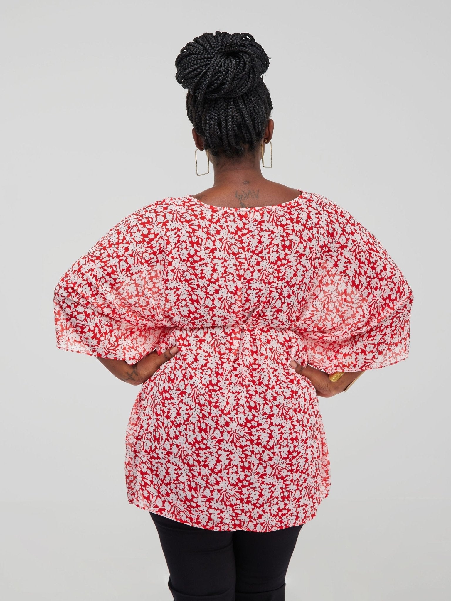 Vivo Basic Chiffon Tie Kaftan Top - Red Floral Print - Shop Zetu Kenya