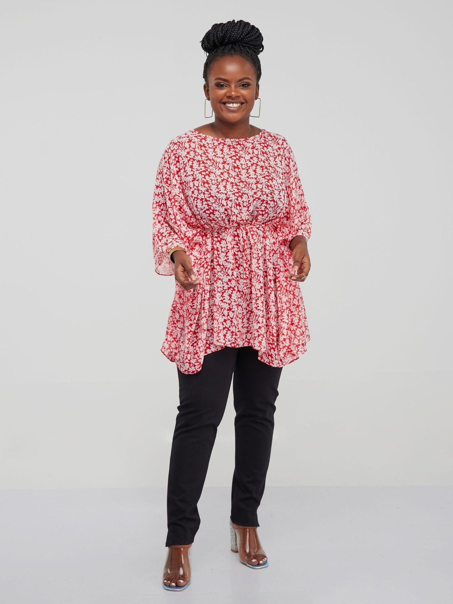 Vivo Basic Chiffon Tie Kaftan Top - Red Floral Print - Shop Zetu Kenya