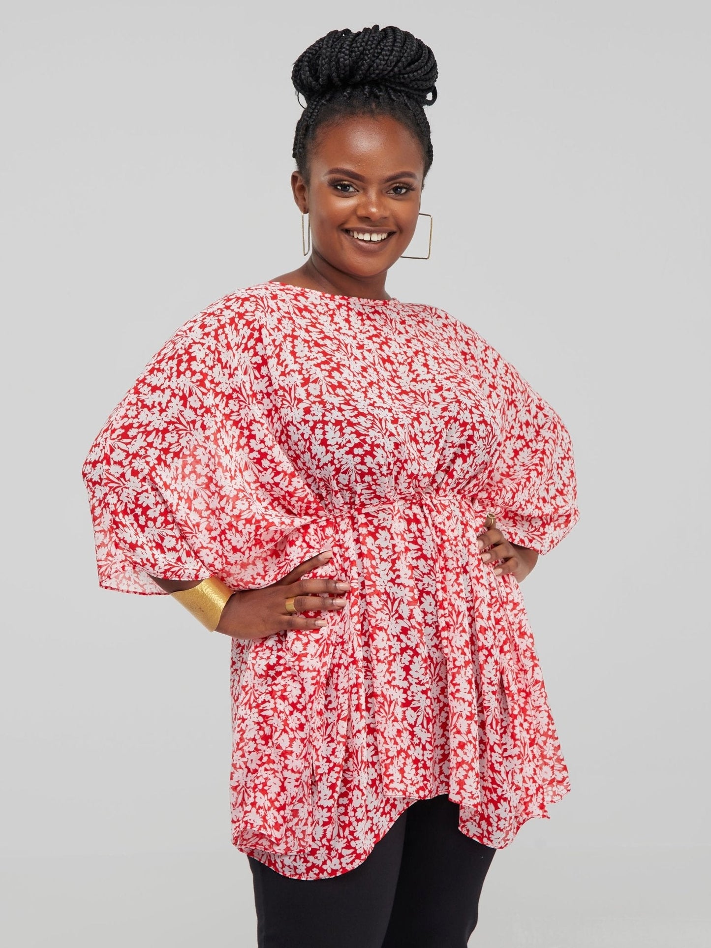Vivo Basic Chiffon Tie Kaftan Top - Red Floral Print - Shop Zetu Kenya