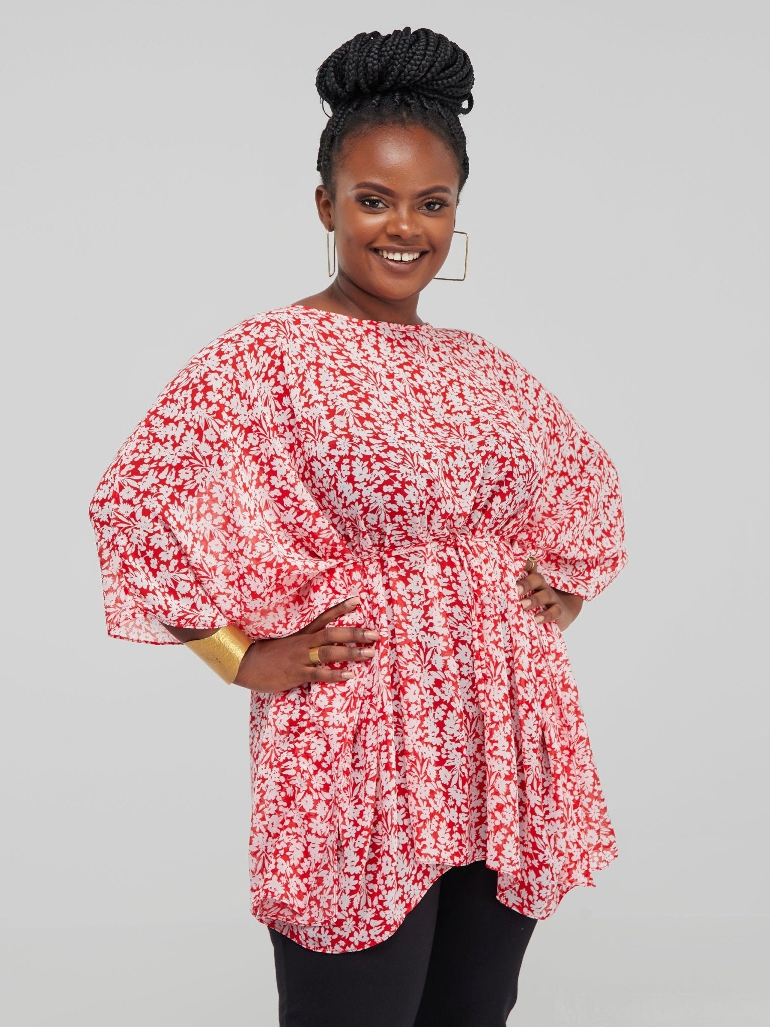 Vivo Basic Chiffon Tie Kaftan Top - Red Floral Print - Shop Zetu Kenya