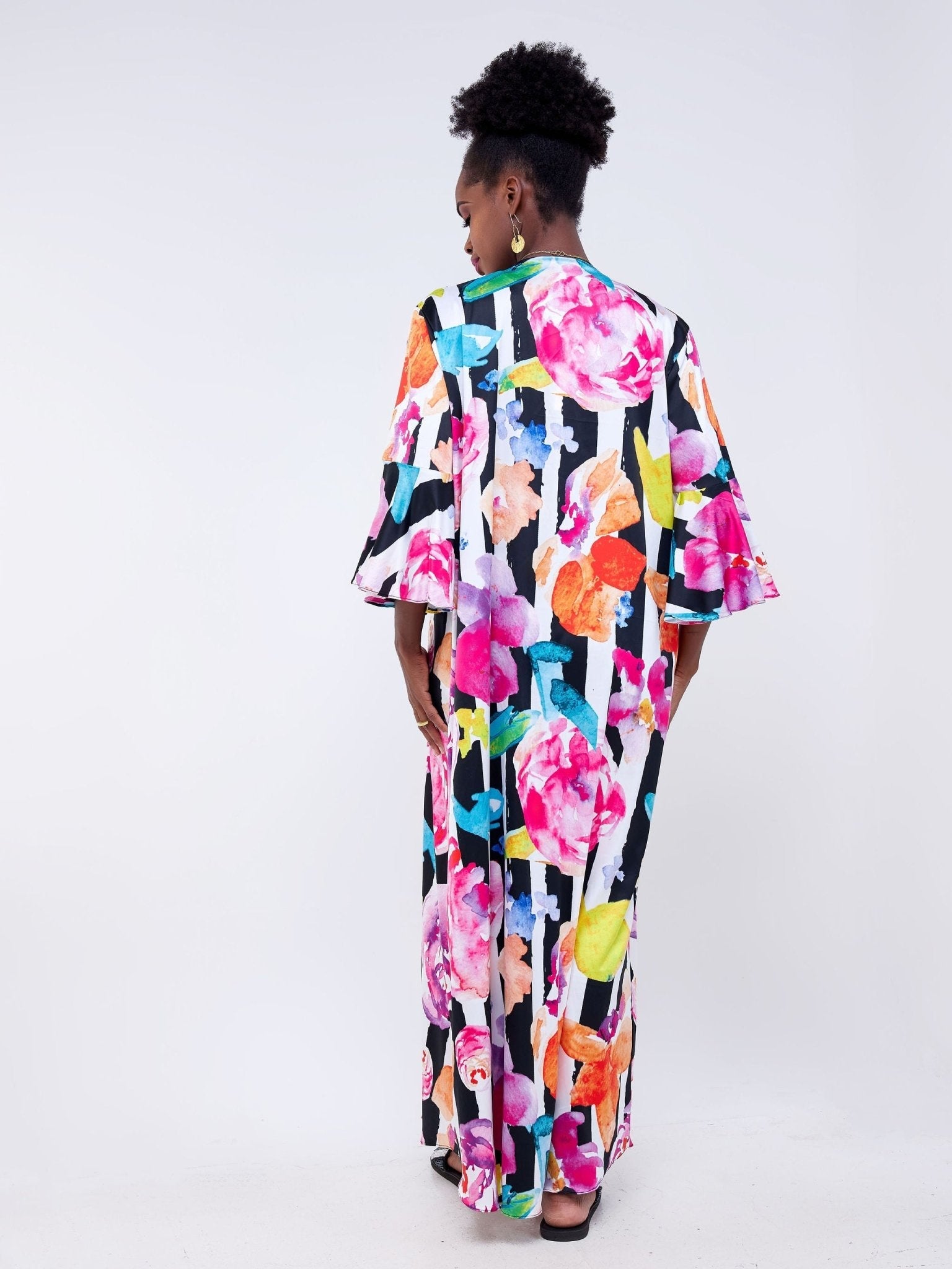Vivo Jamila Flounce Sleeve Maxi Kimono - Black / Multi Color Floral Print - Shop Zetu Kenya