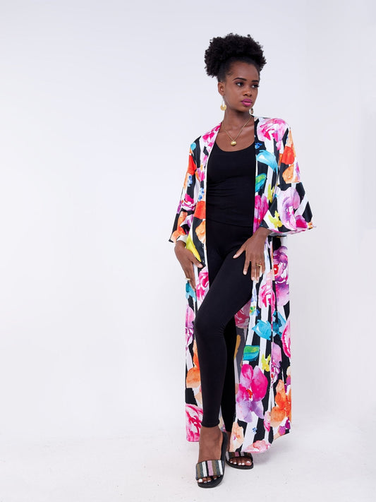 Vivo Jamila Flounce Sleeve Maxi Kimono - Black / Multi Color Floral Print - Shop Zetu Kenya