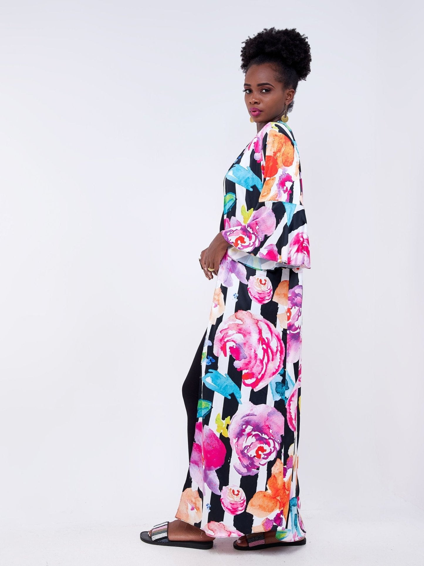 Vivo Jamila Flounce Sleeve Maxi Kimono - Black / Multi Color Floral Print - Shop Zetu Kenya