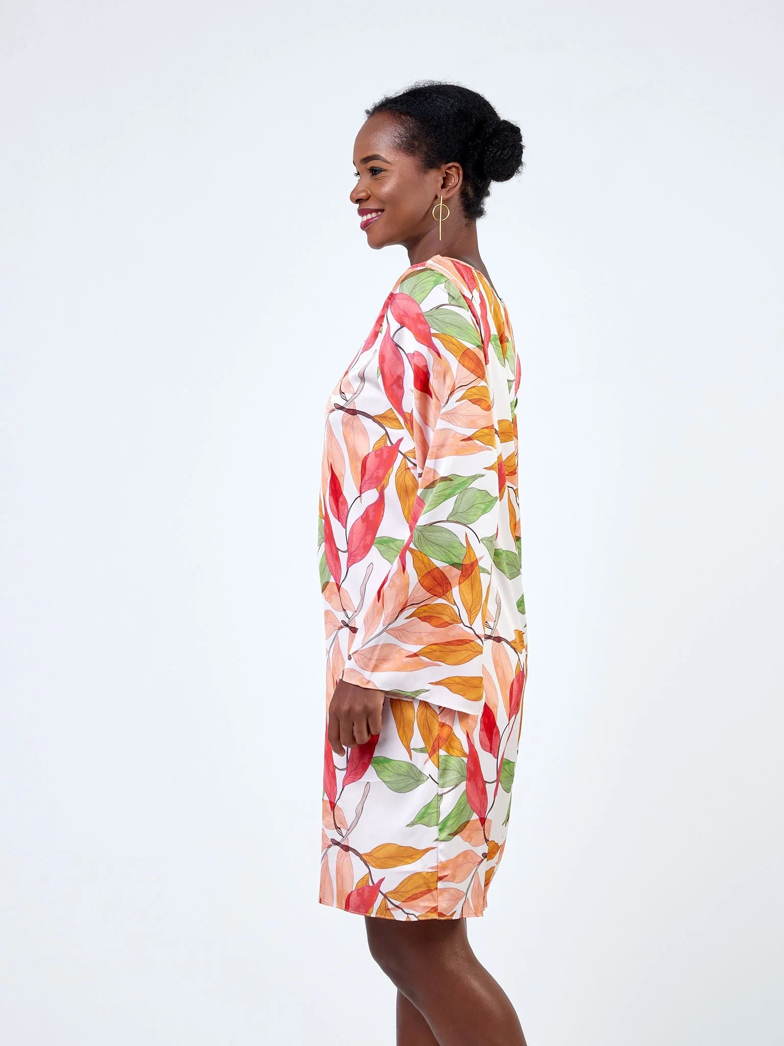 Vivo Jamila Scalloped Slit Sleeve Shift Dress - Orange / Green Leaf Print - Shop Zetu Kenya