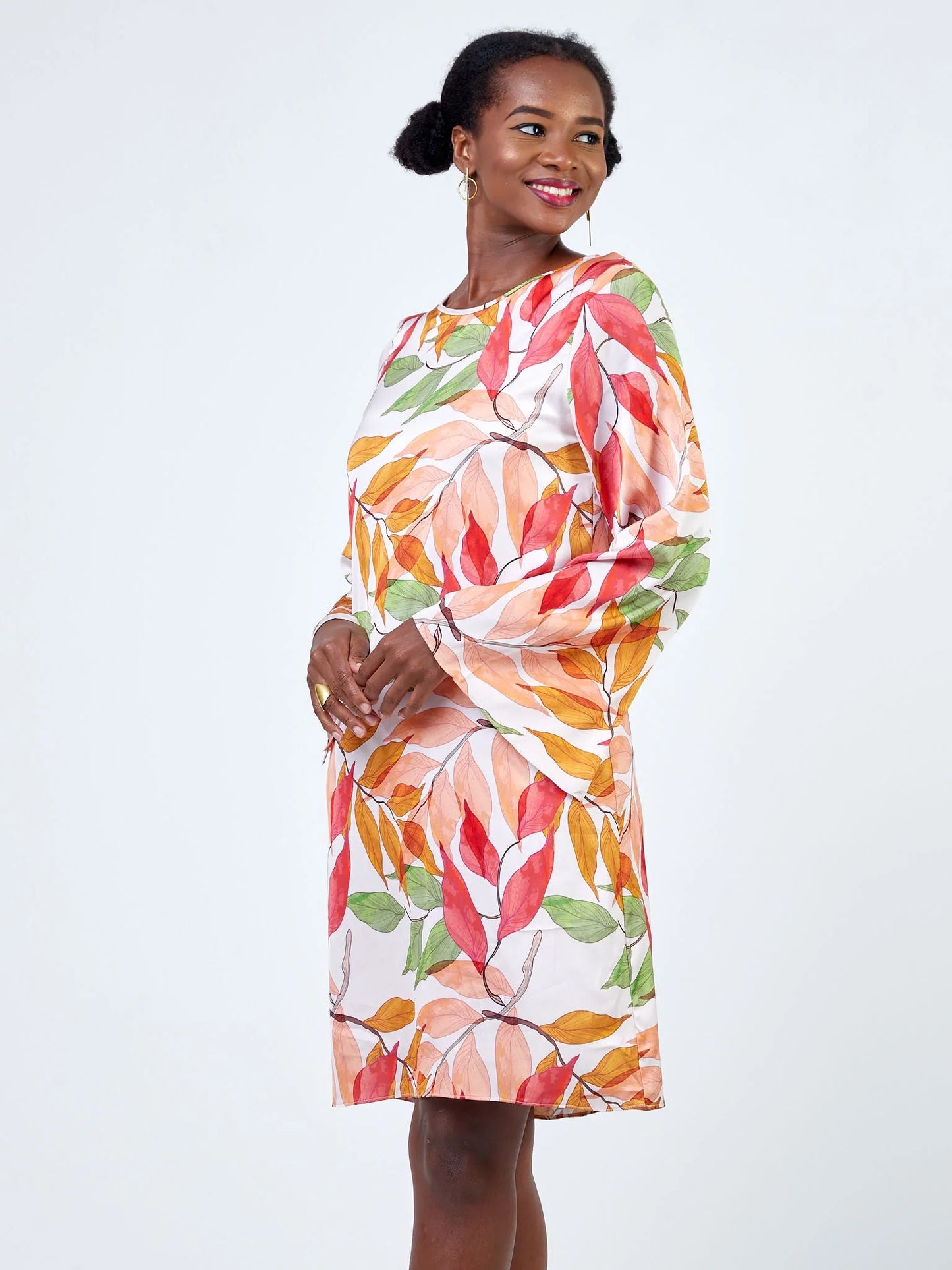 Vivo Jamila Scalloped Slit Sleeve Shift Dress - Orange / Green Leaf Print - Shop Zetu Kenya