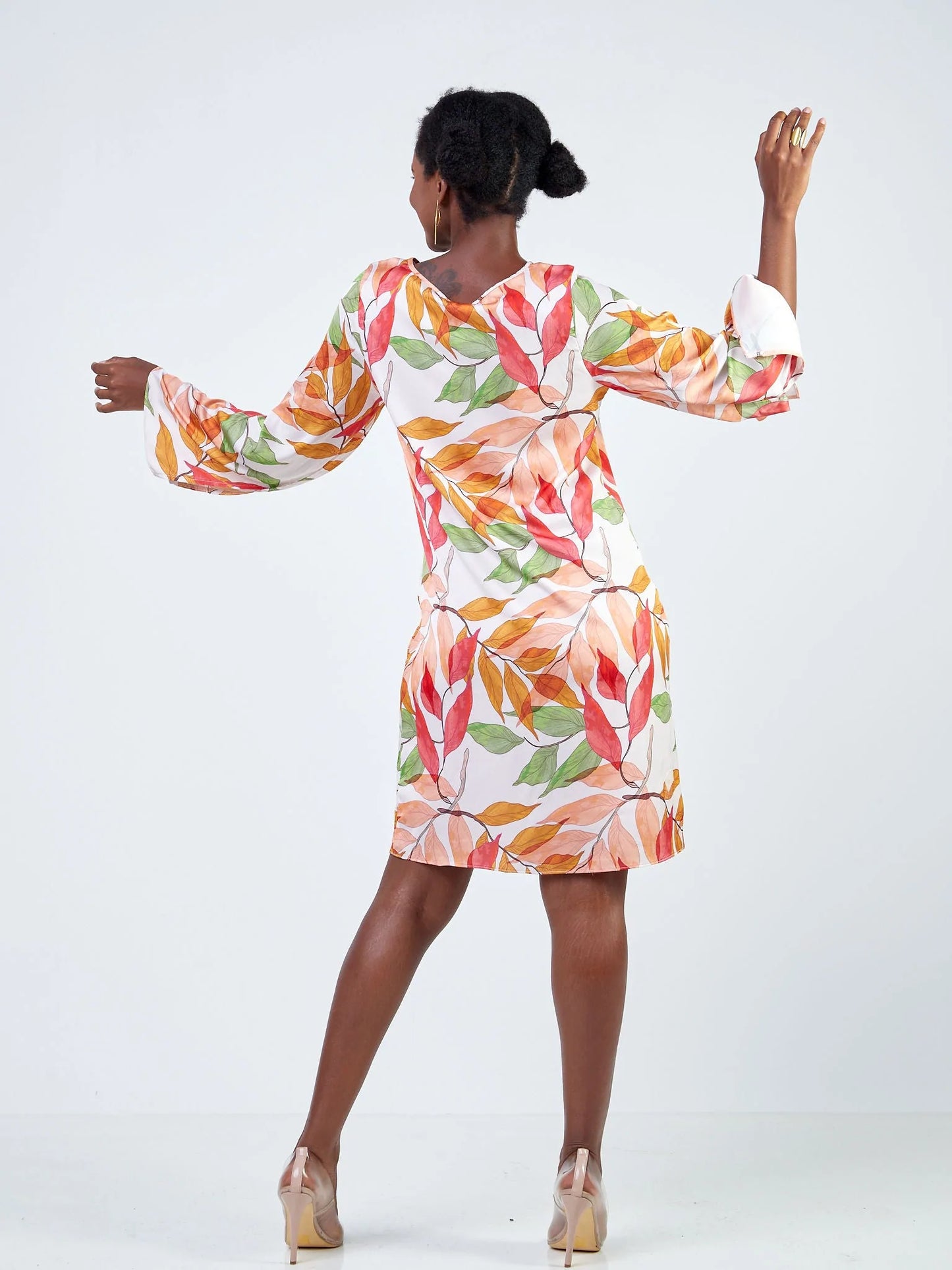 Vivo Jamila Scalloped Slit Sleeve Shift Dress - Orange / Green Leaf Print - Shop Zetu Kenya