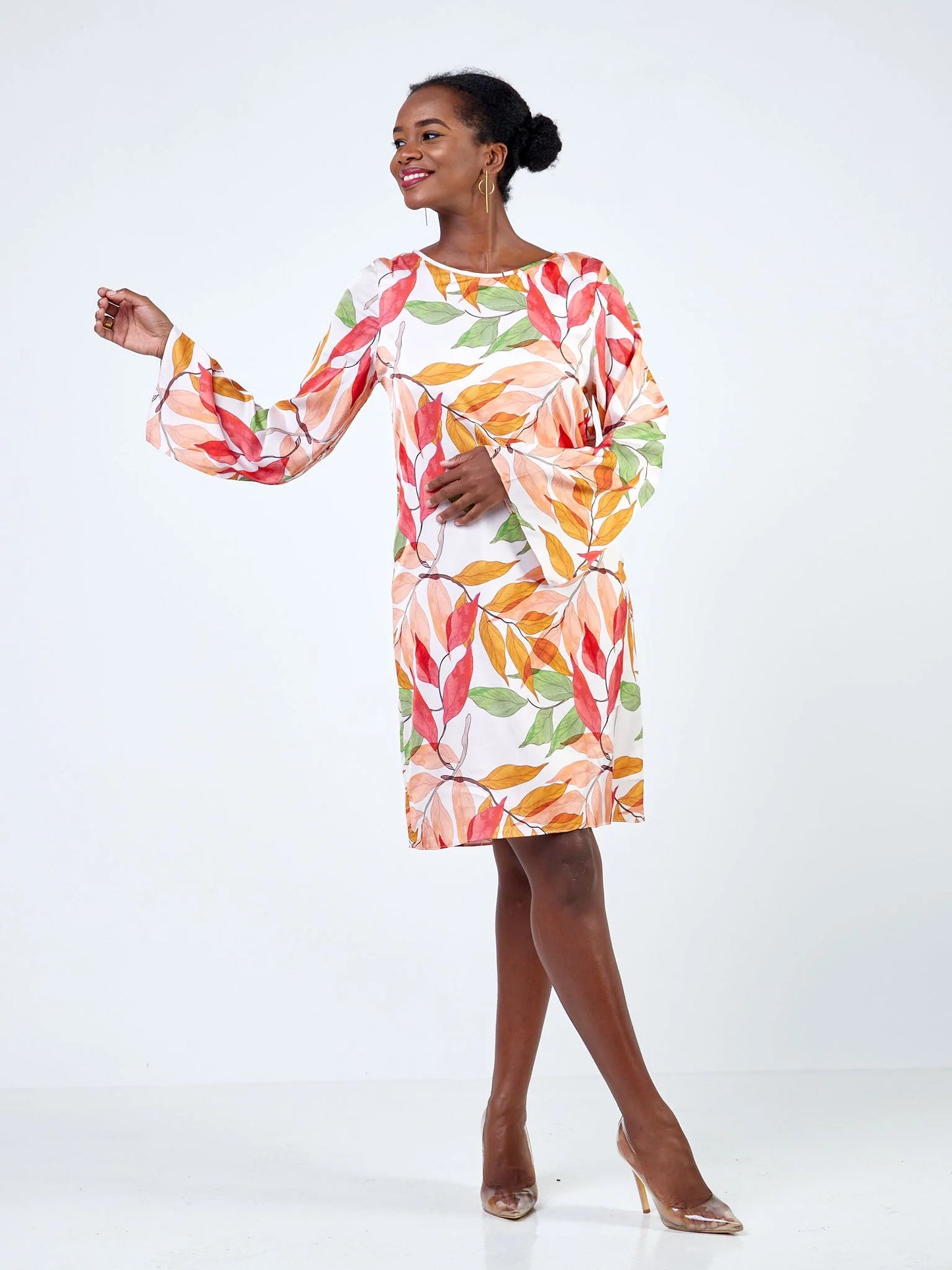 Vivo Jamila Scalloped Slit Sleeve Shift Dress - Orange / Green Leaf Print - Shop Zetu Kenya