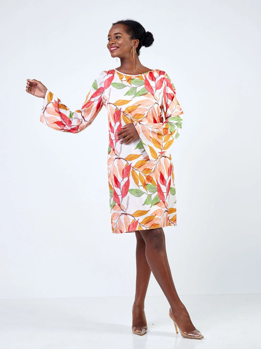 Vivo Jamila Scalloped Slit Sleeve Shift Dress - Orange / Green Leaf Print - Shop Zetu Kenya