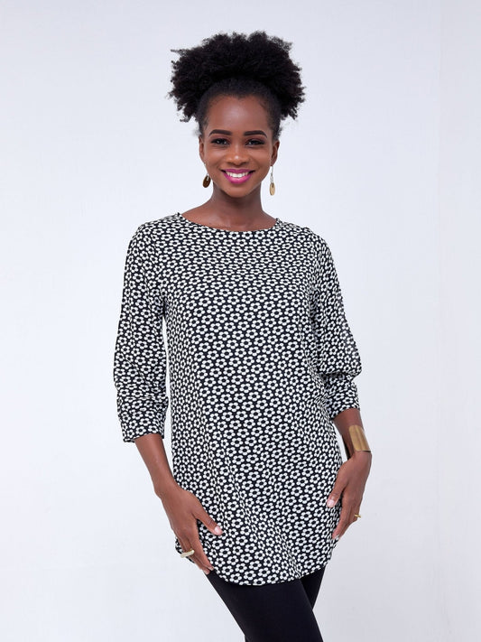 Vivo Jasiri 3/4 Slit Sleeve Tunic Top - Black / White Floral Print - Shop Zetu Kenya