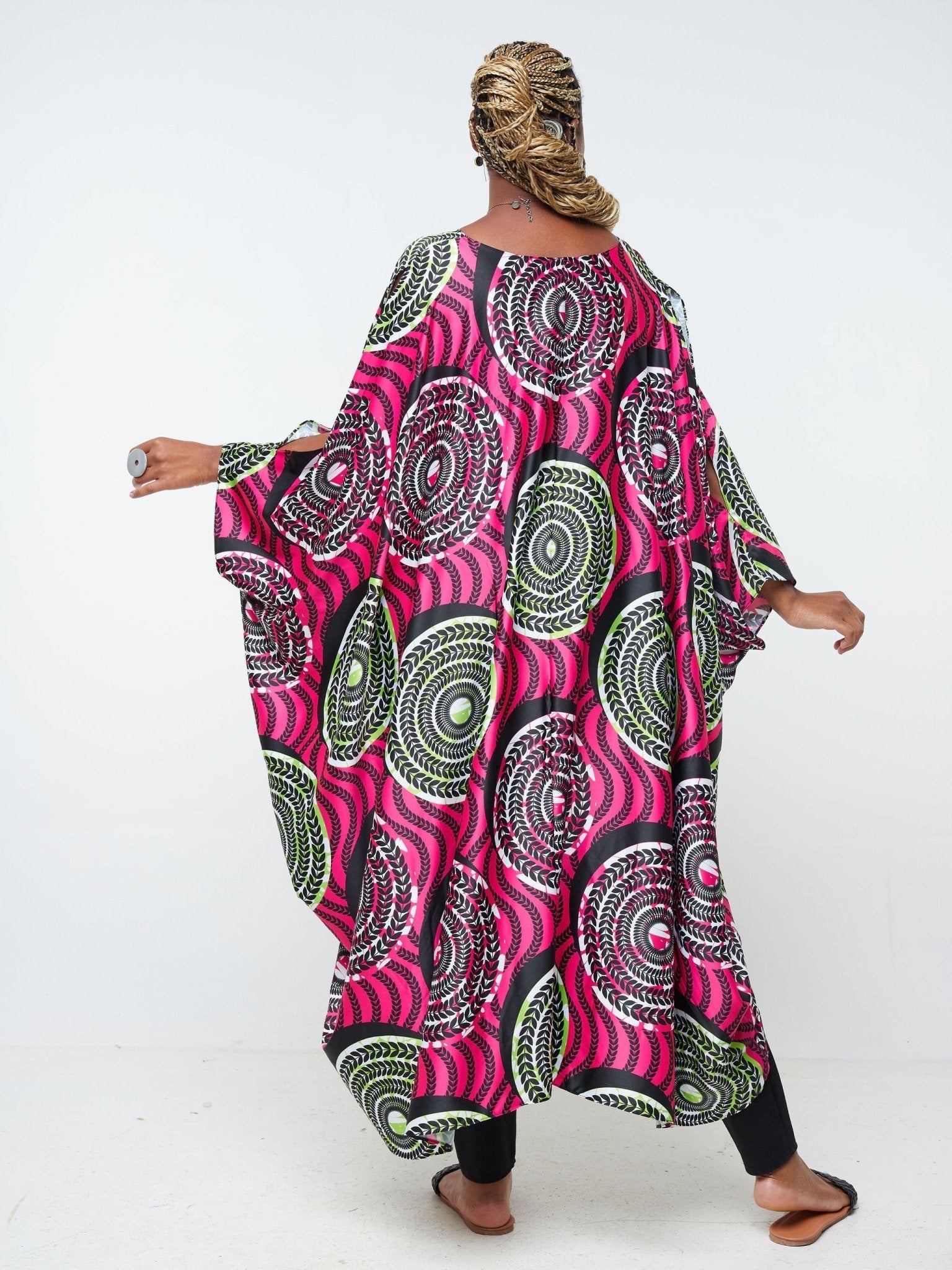 Vivo Lani Satin High-Low Dress - Pink Green / Leaf Print - Shop Zetu Kenya