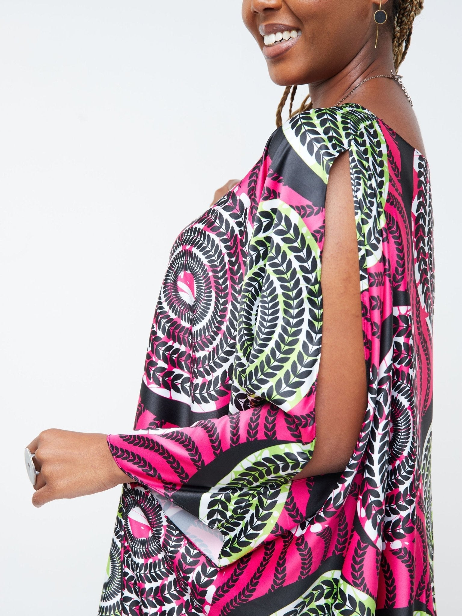 Vivo Lani Satin High-Low Dress - Pink Green / Leaf Print - Shop Zetu Kenya