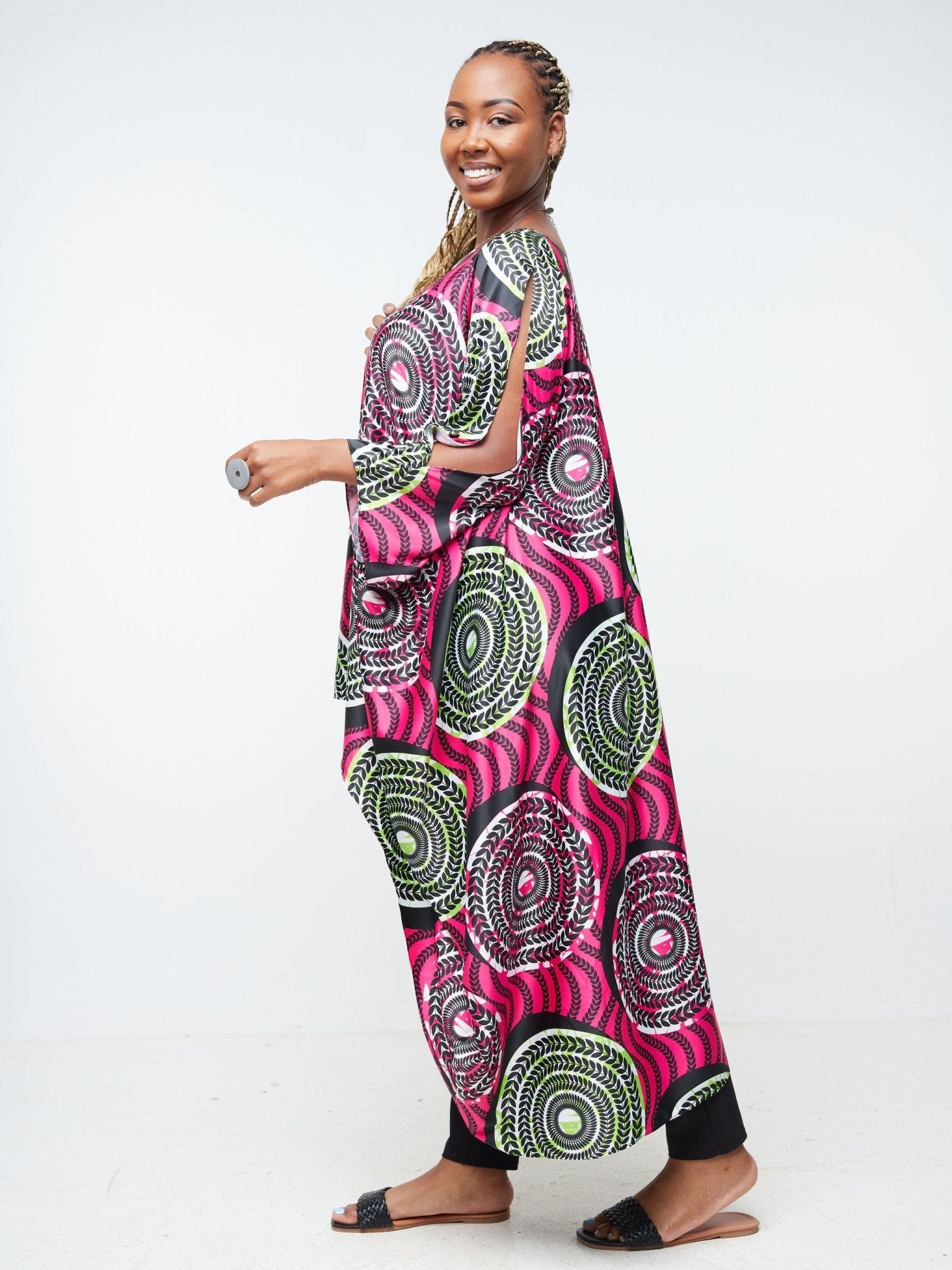 Vivo Lani Satin High-Low Dress - Pink Green / Leaf Print - Shop Zetu Kenya