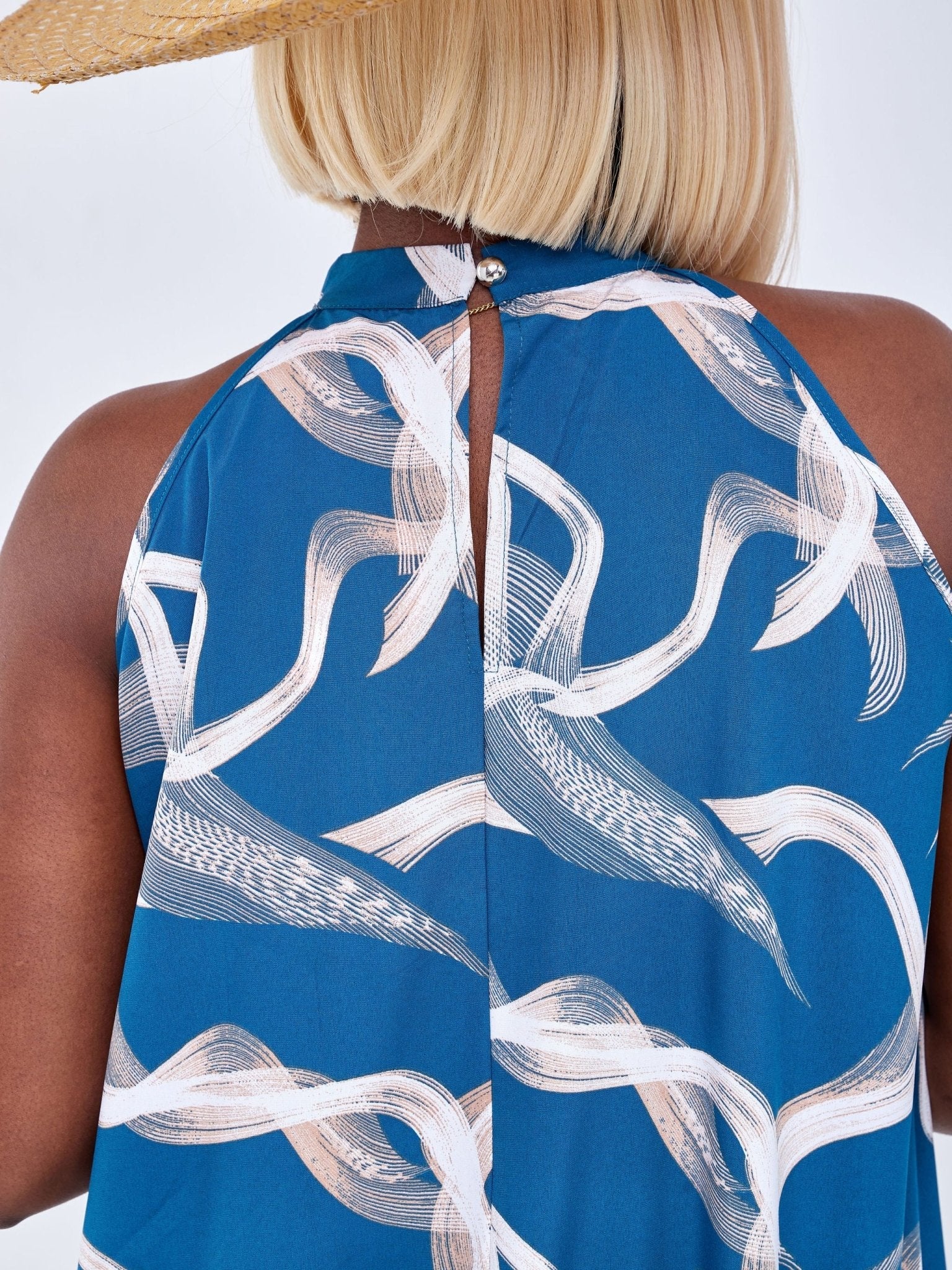 Vivo Luna Halter Midi Dress - Teal / White Abstract Print - Shop Zetu Kenya