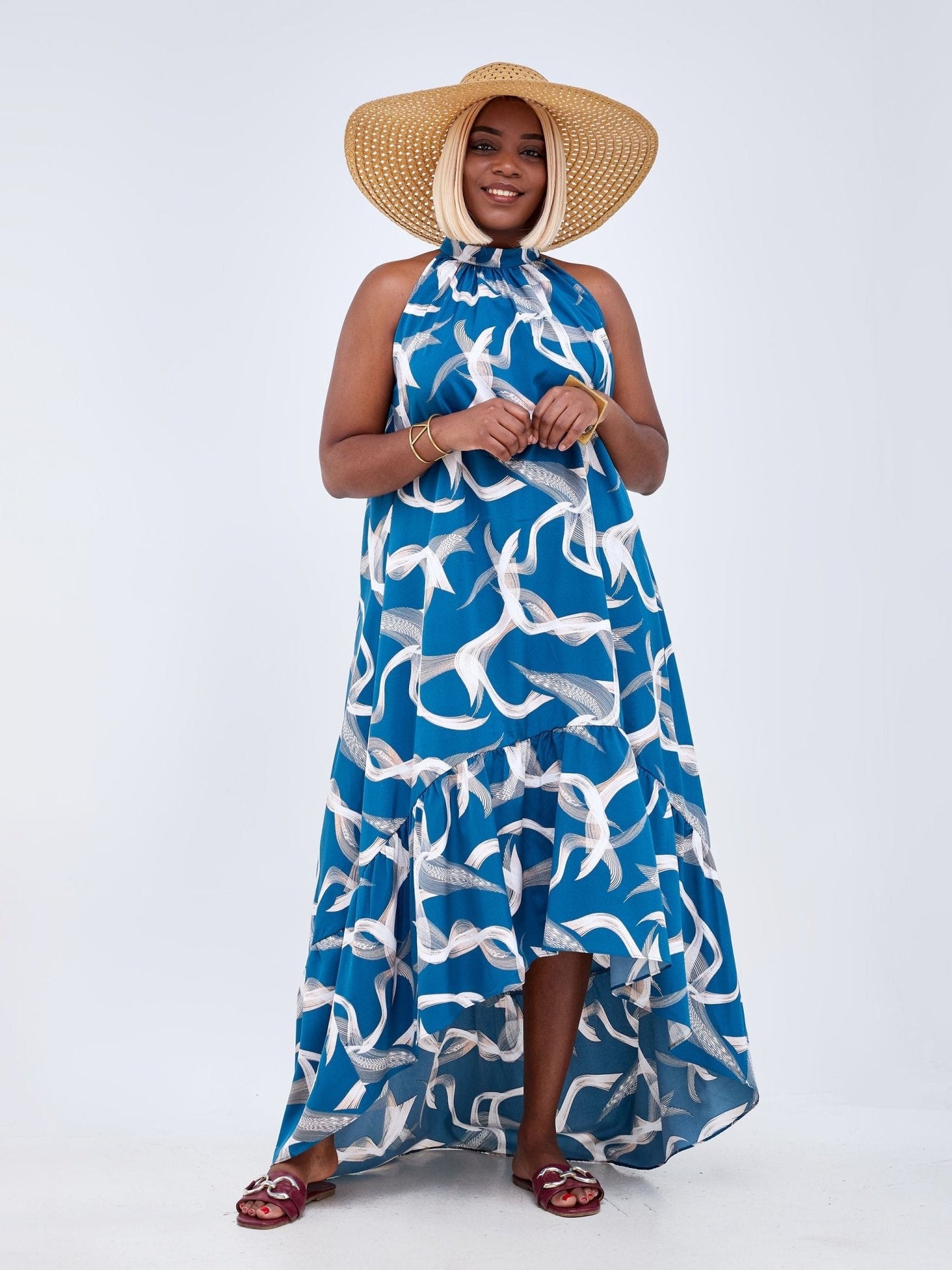 Vivo Luna Halter Midi Dress - Teal / White Abstract Print - Shop Zetu Kenya