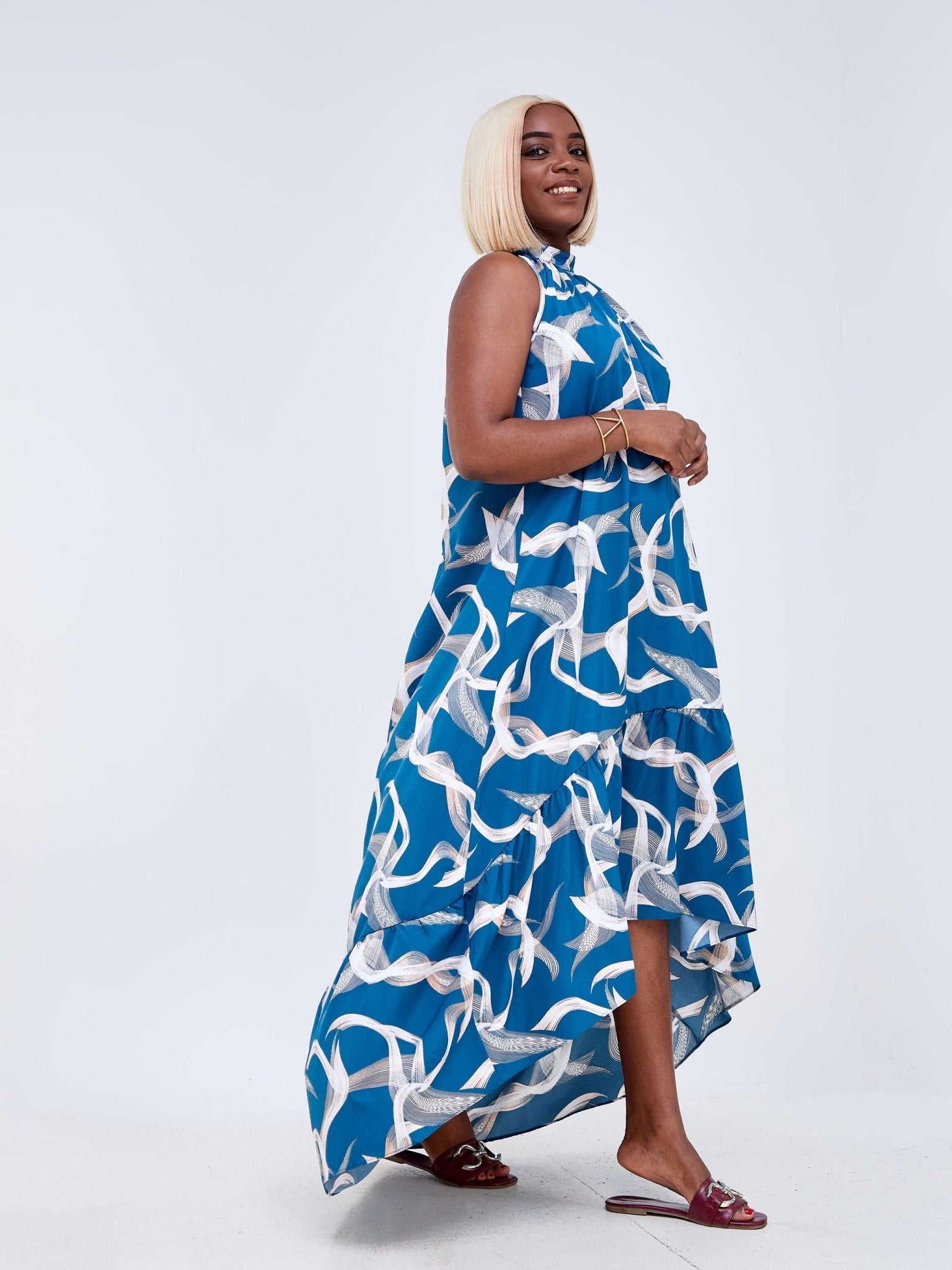 Vivo Luna Halter Midi Dress - Teal / White Abstract Print - Shop Zetu Kenya