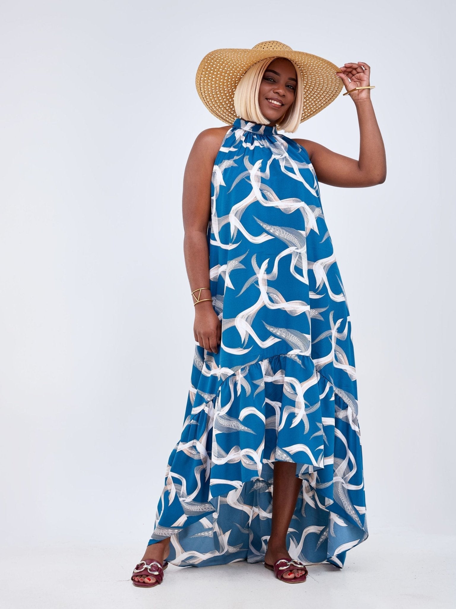 Vivo Luna Halter Midi Dress - Teal / White Abstract Print - Shop Zetu Kenya