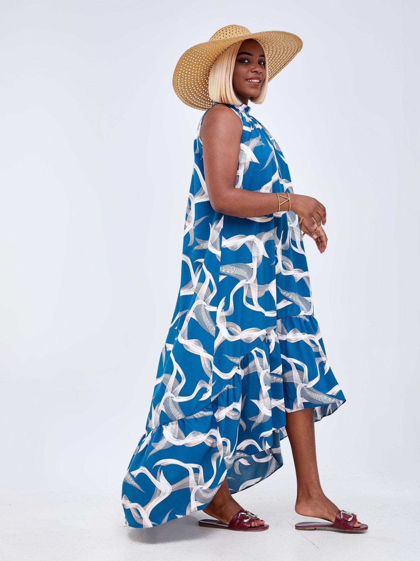 Vivo Luna Halter Midi Dress - Teal / White Abstract Print - Shop Zetu Kenya
