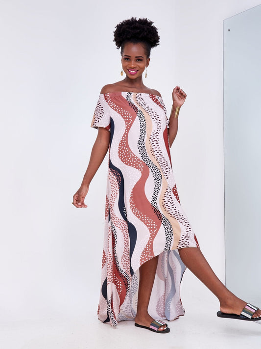 Vivo Luna Off Shoulder High Low Maxi - Brown / Black Abstract Print - Shop Zetu Kenya