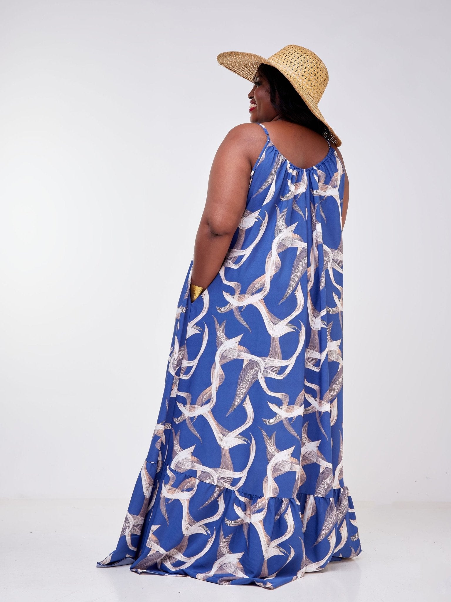 Vivo Luna Single Tiered Strappy Maxi Dress - Blue / Taupe Abstract Print - Shop Zetu Kenya