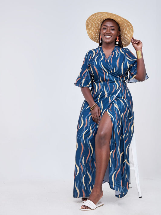 Vivo Luna Wrap Maxi Dress - Teal / Brown Abstract - Shop Zetu Kenya
