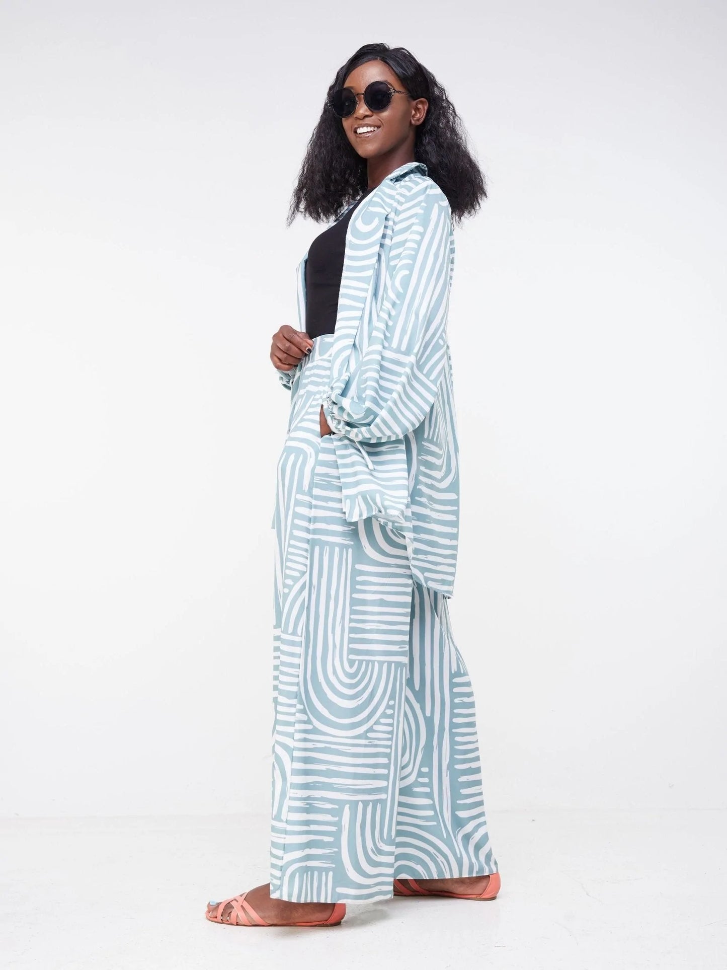 Vivo Malindi Bishop Sleeve Shirt (JK) - Mint Green / White Abstract Print - Shop Zetu Kenya