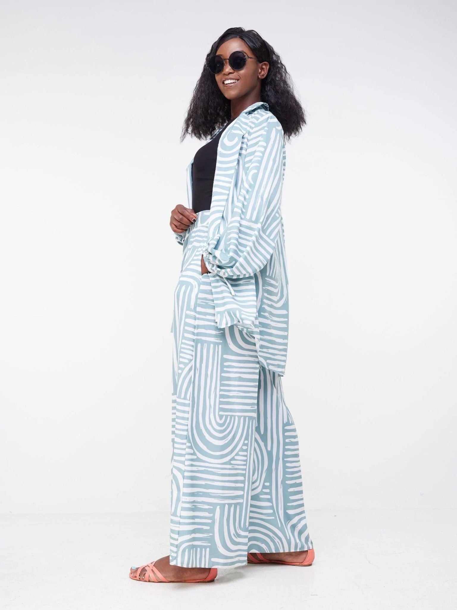 Vivo Malindi Bishop Sleeve Shirt (JK) - Mint Green / White Abstract Print - Shop Zetu Kenya