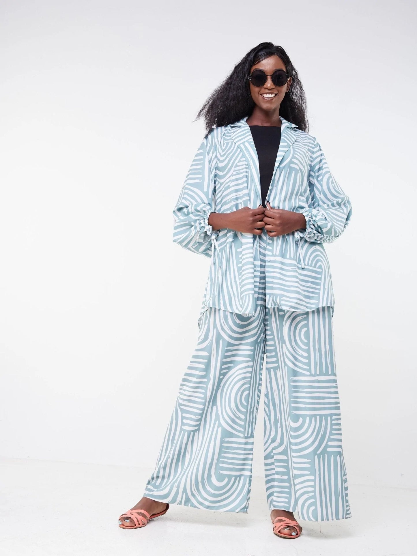 Vivo Malindi Bishop Sleeve Shirt (JK) - Mint Green / White Abstract Print - Shop Zetu Kenya