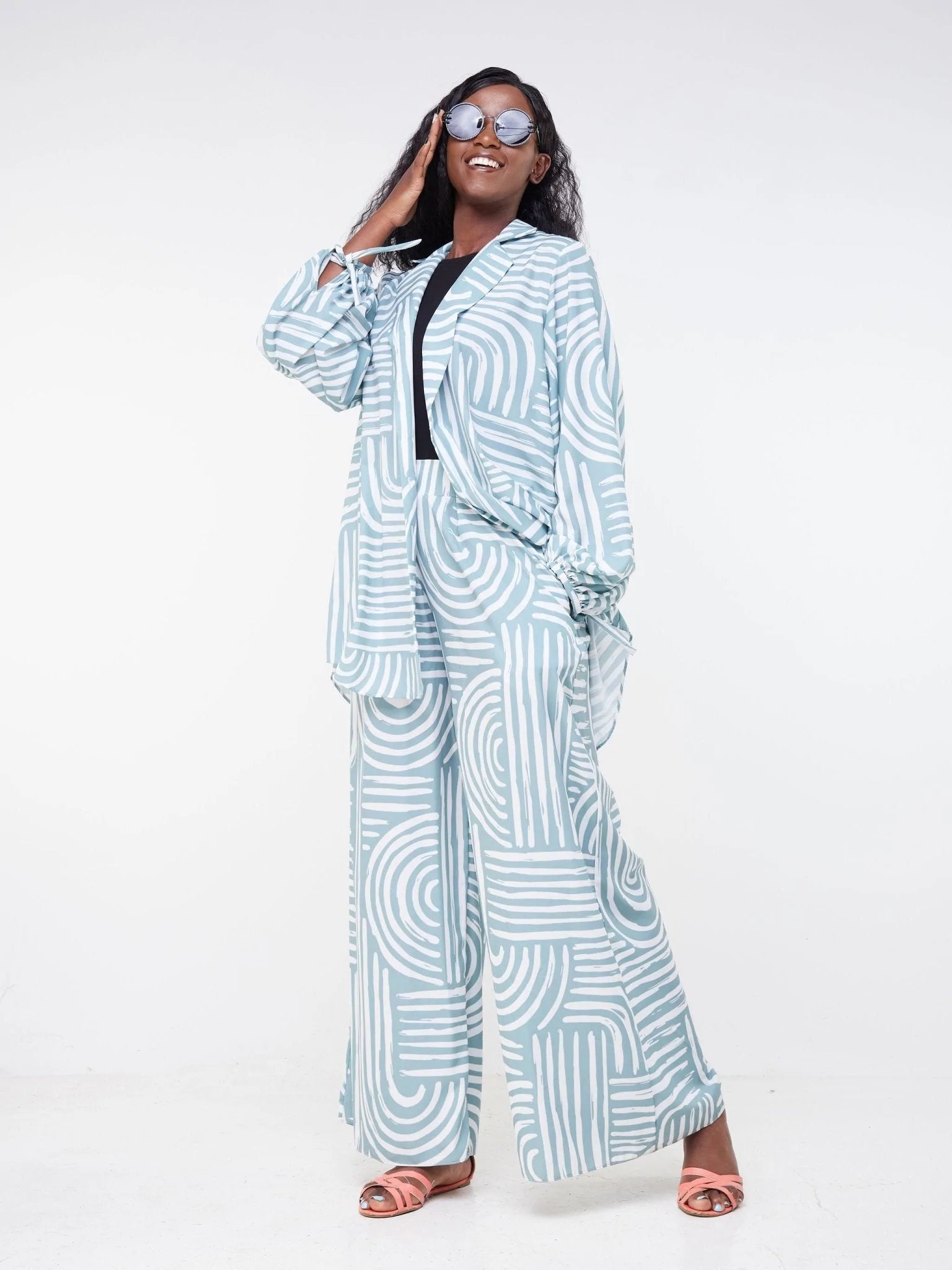 Vivo Malindi Bishop Sleeve Shirt (JK) - Mint Green / White Abstract Print - Shop Zetu Kenya