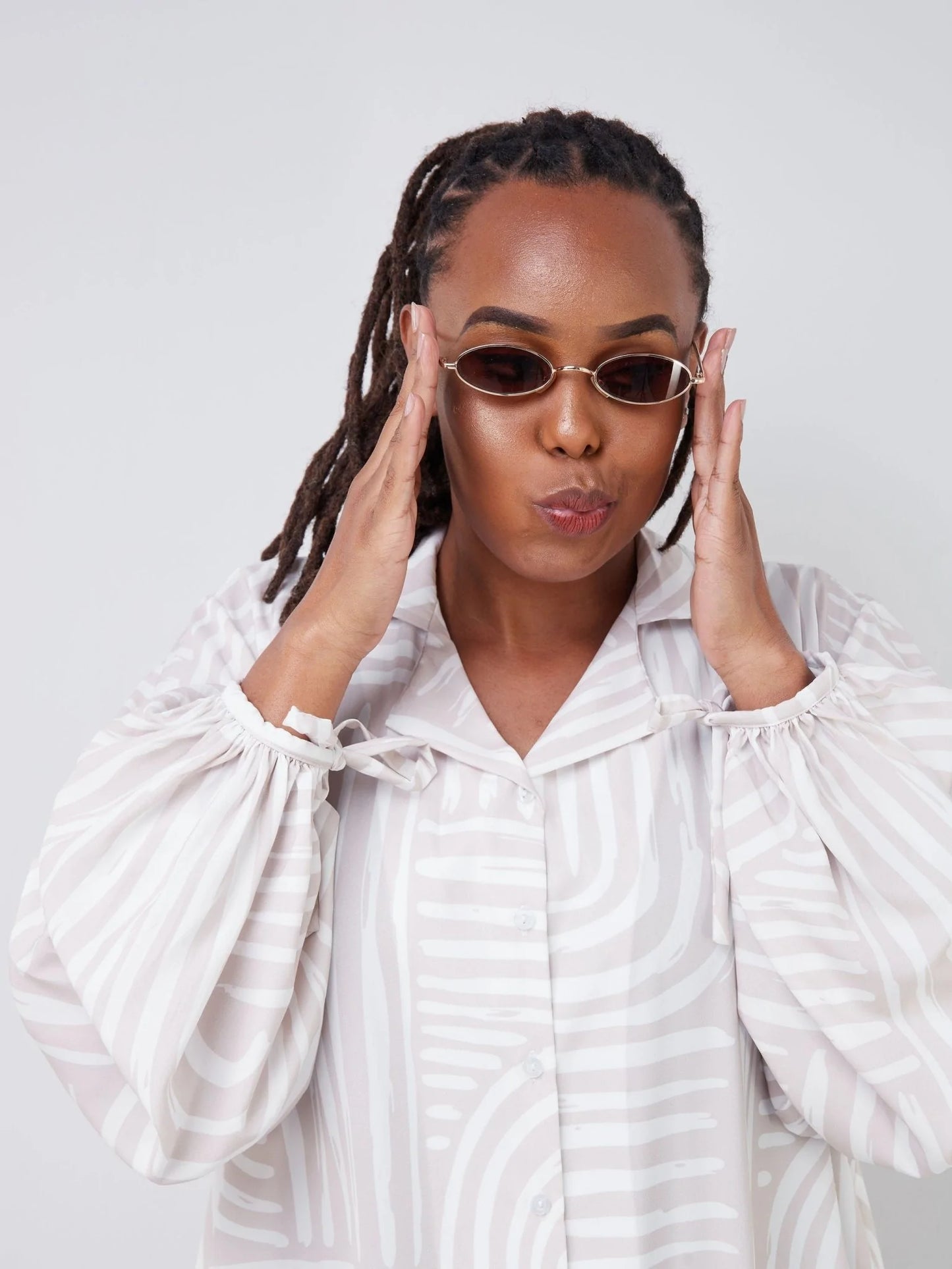 Vivo Malindi Bishop Sleeve Shirt (JK) - Nude Brown / White Abstract Print - Shop Zetu Kenya